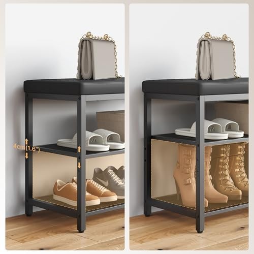 Black 3-Tier Shoe Bench with Cushion Seat – Industrial Hallway Organizer