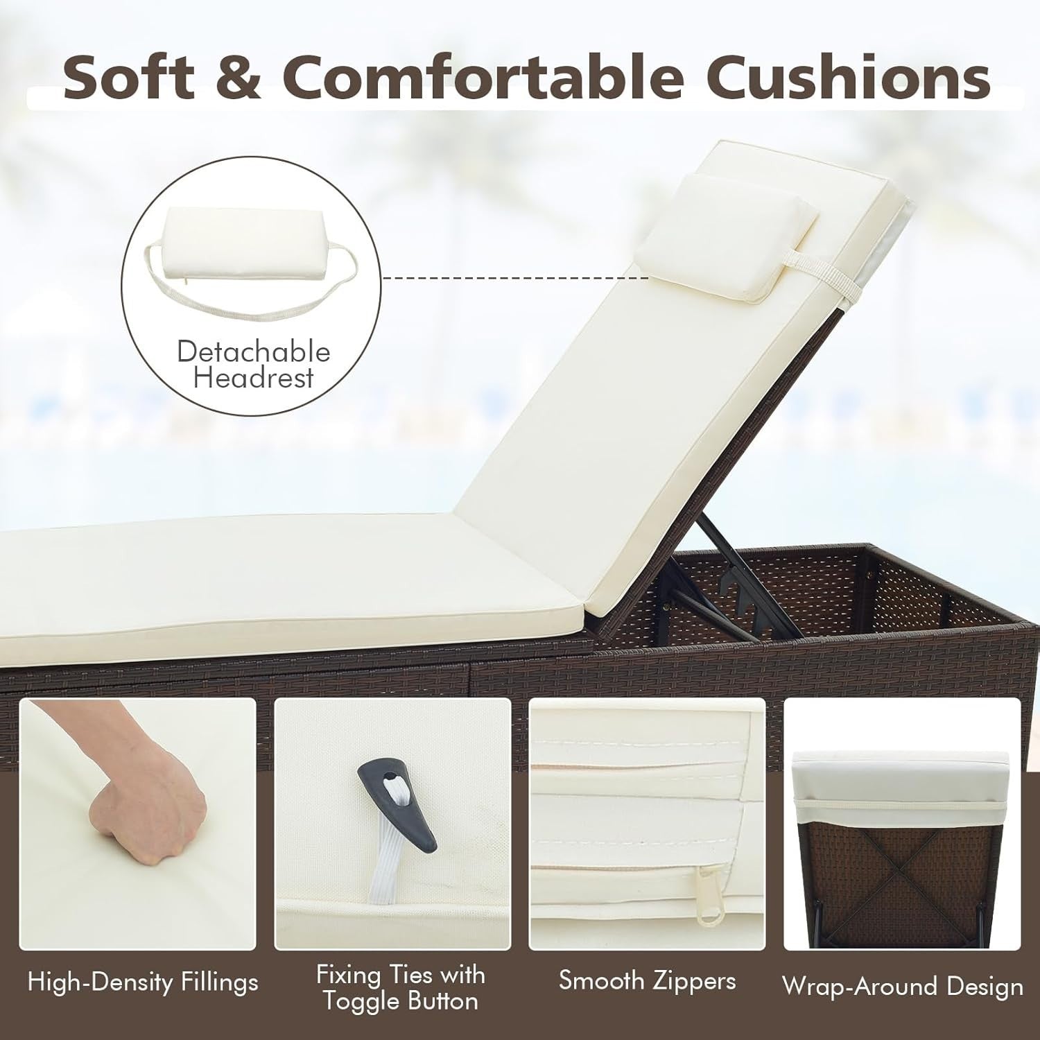 Adjustable 6-Level Rattan Sun Lounger with Cushion & Folding Table, Off-White