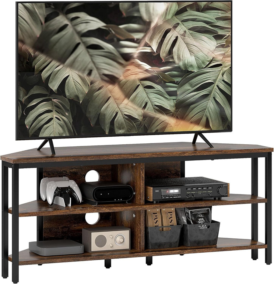 Corner TV Stand with Storage Shelves, Cable Management, Rustic Brown Unit