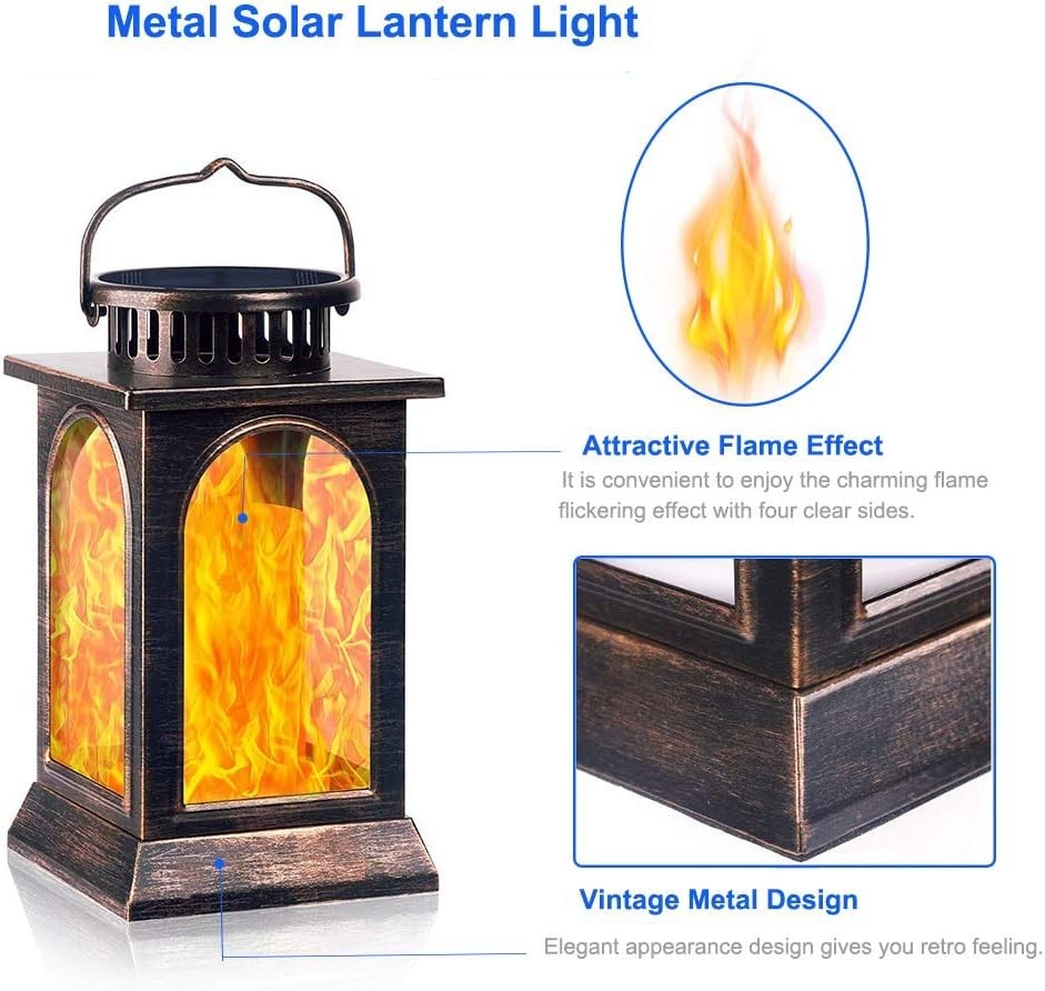 2 Pack Solar Flame Lanterns, Outdoor Waterproof, Bronze