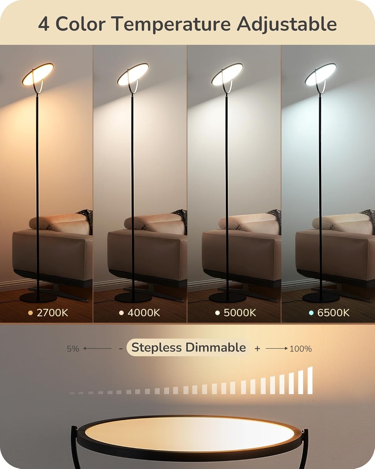 LED Uplighter Floor Lamp Dimmable 193cm Tall Remote Touch Reading Light