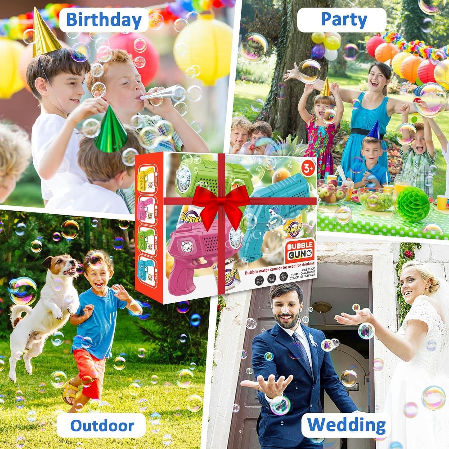 3 Pack Light Up Bubble Guns Kids Party Toy Set with Solution