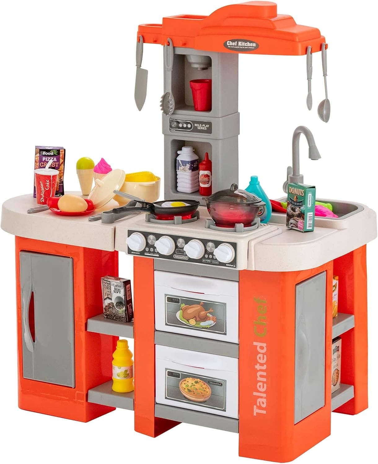 67PCS Kids Play Kitchen Toy Set Lights Sounds Steam Cooking Orange