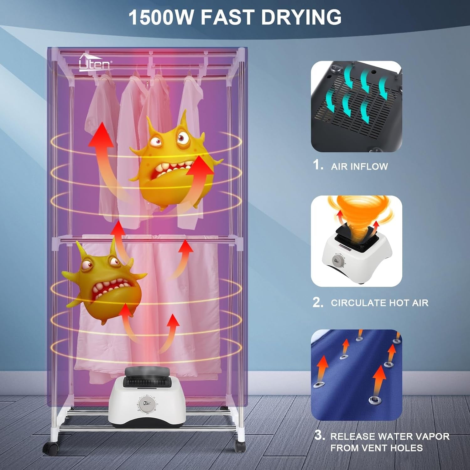 Electric Clothes Dryer 1500W Warm Air Drying Wardrobe 15kg Indoor