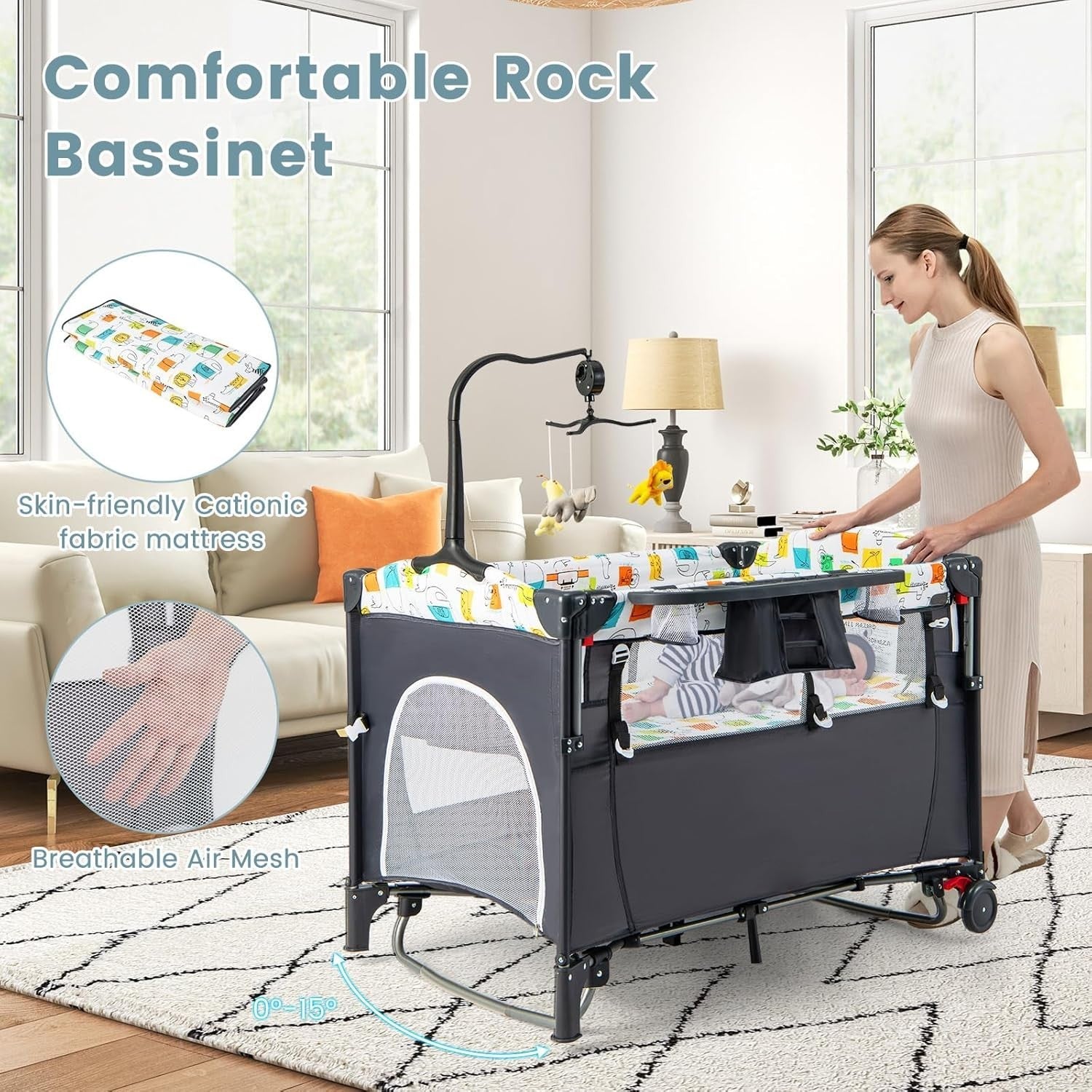 5in1 Baby Travel Cot Bedside Crib Bassinet with Mattress Changer Music Toys
