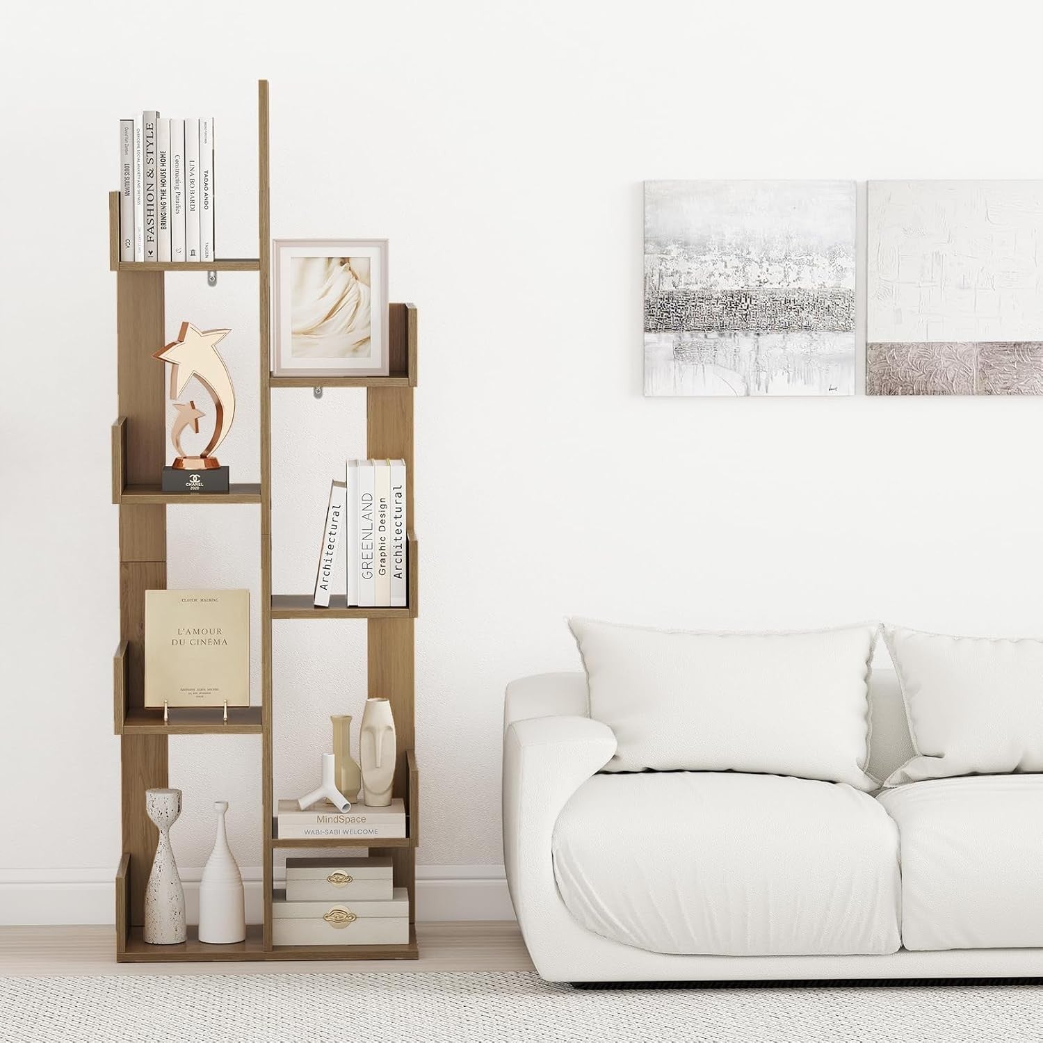 Modern Tree Bookshelf 8-Tier Floor Standing Storage Rack Natural Wood Unit