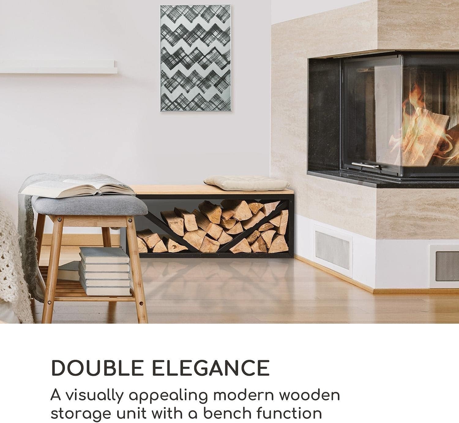 Wood Firewood Storage Bench with Bamboo Top, Durable Steel, Indoor & Outdoor