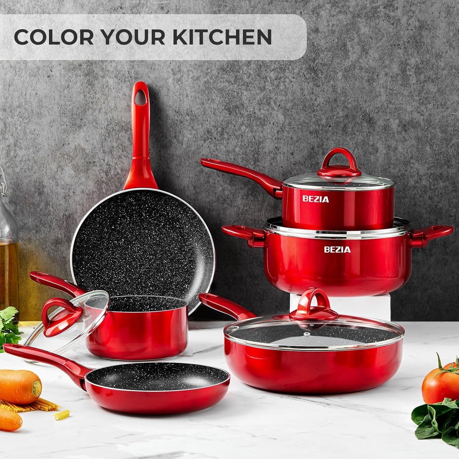 10Pcs Red Non Stick Cookware Set with Glass Lids, Induction Compatible