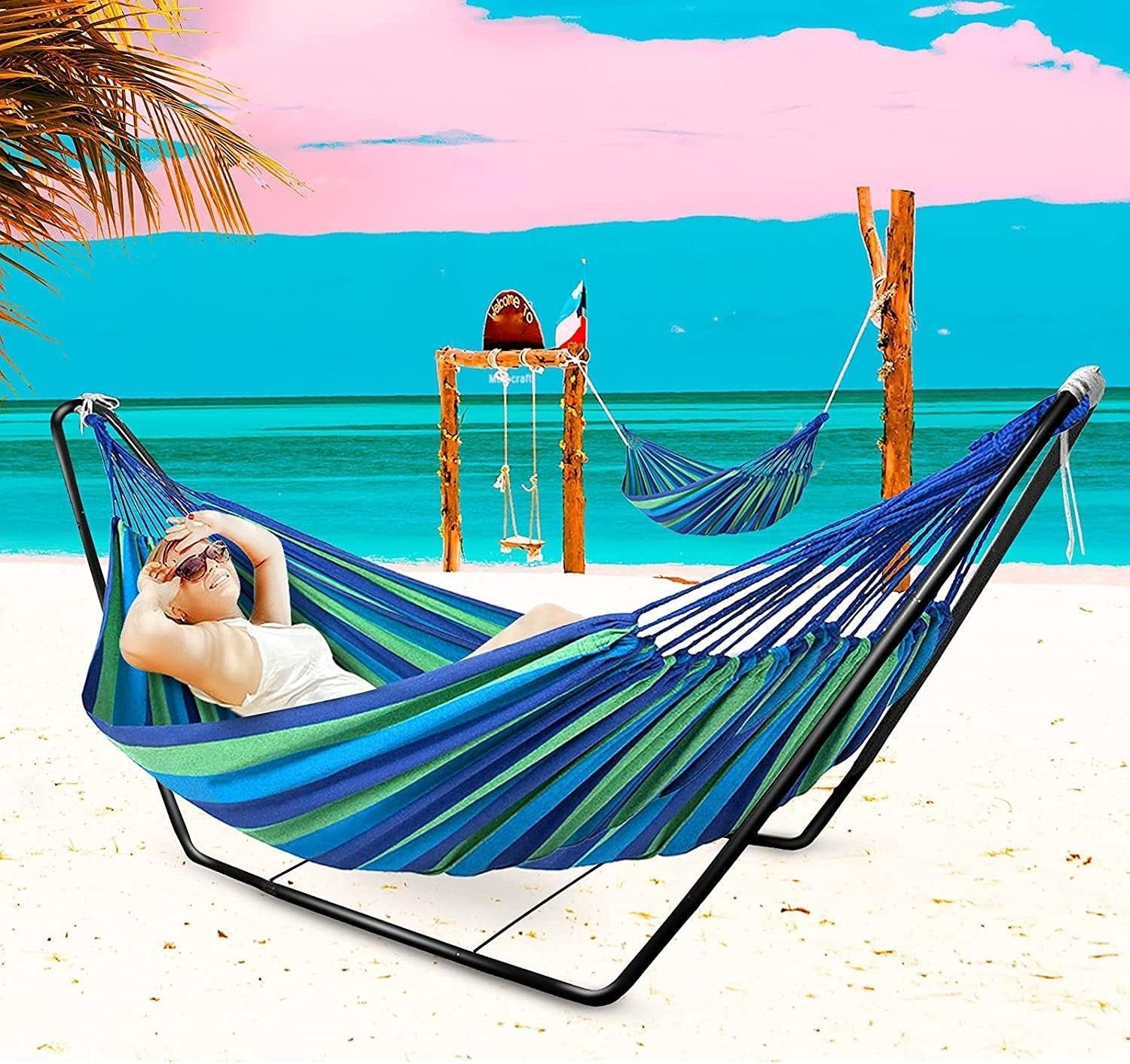 Space-Saving Double Cotton Hammock with Adjustable Steel Stand + Carry Bag