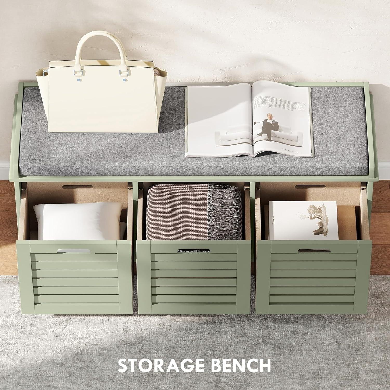 Space-Saving Shoe Storage Bench with 3 Drawers & Cushioned Seat – Green