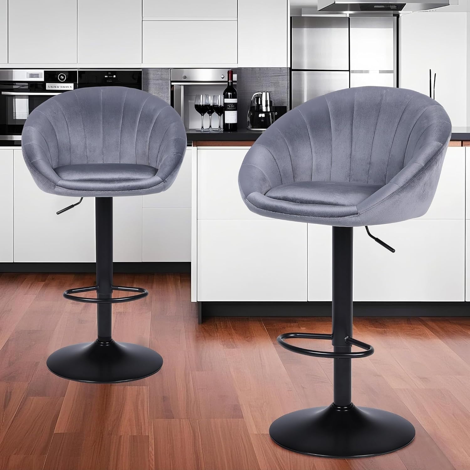 4PC Velvet Bar Stools Grey – Height Adjustable Swivel Kitchen Chairs