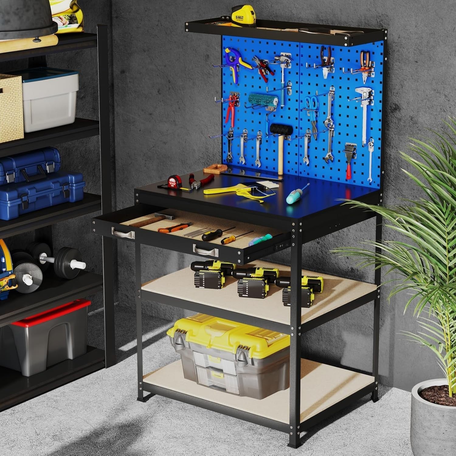 Heavy Duty Garage Workbench Pegboard Drawer Hooks Tool Station 81x41cm