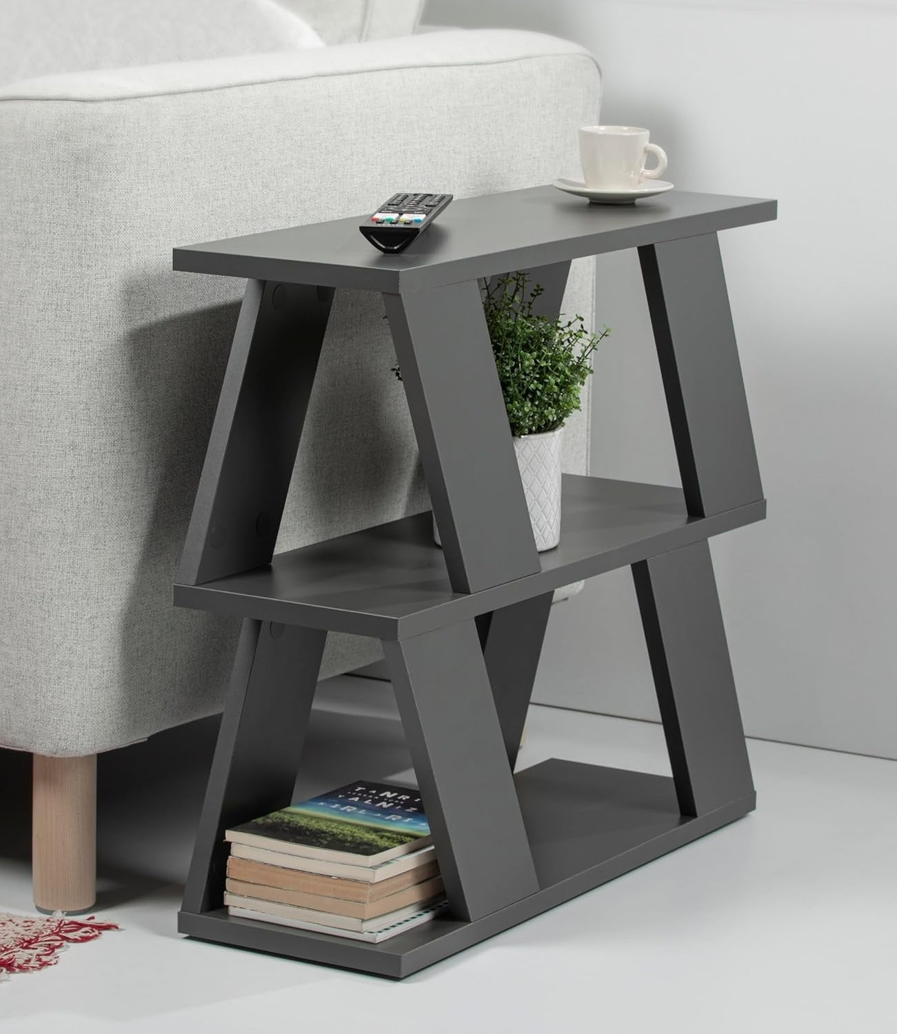 Slim Anthracite Side Table with 2 Tier Shelf | 60cm Narrow Storage Unit