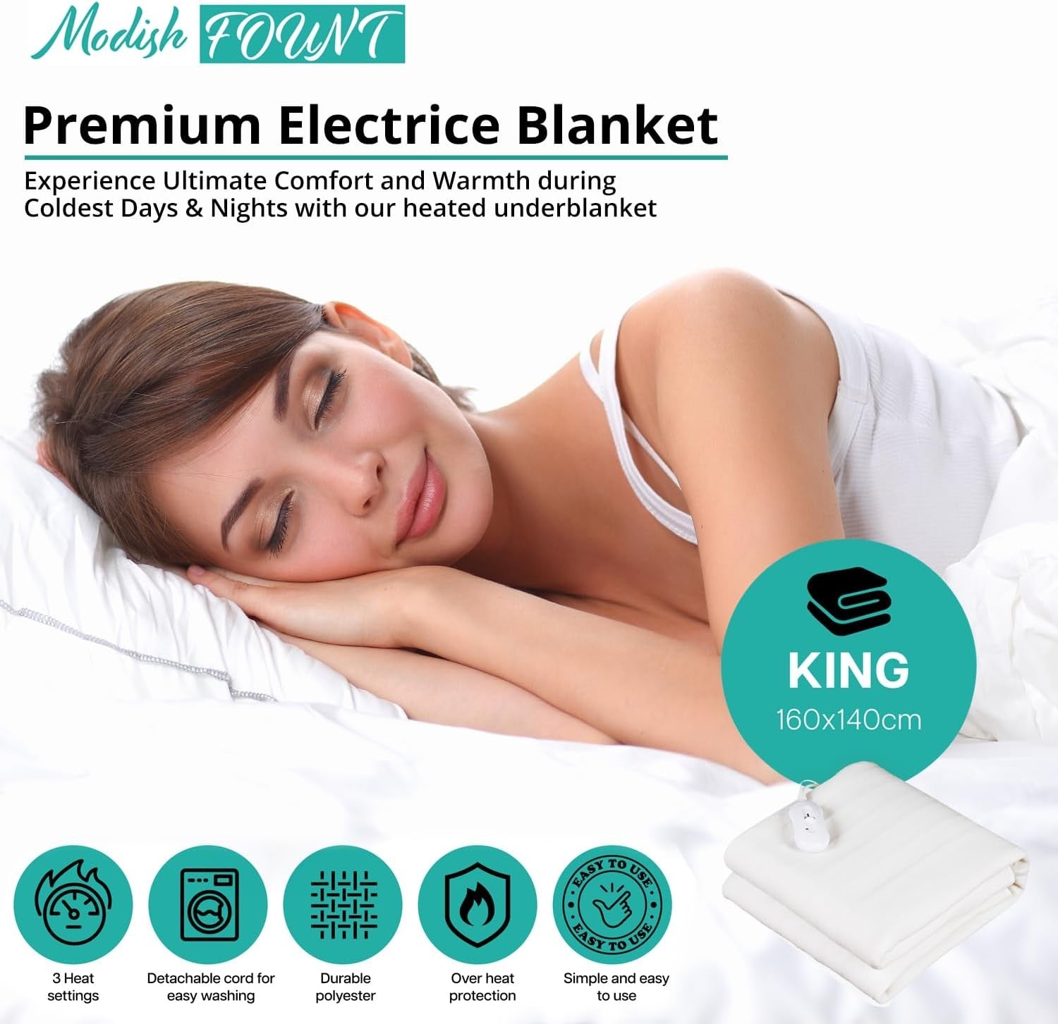 Electric Heated Underblanket King Size 3 Heat Settings Washable Overheat Safe
