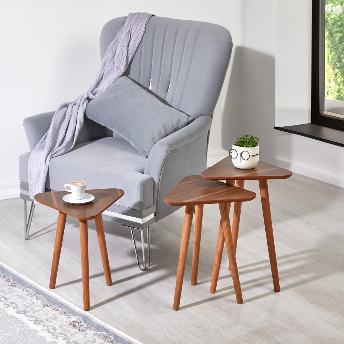 Brown Wood Nesting Coffee Table Set of 3 Side End Tables Living Room Furniture