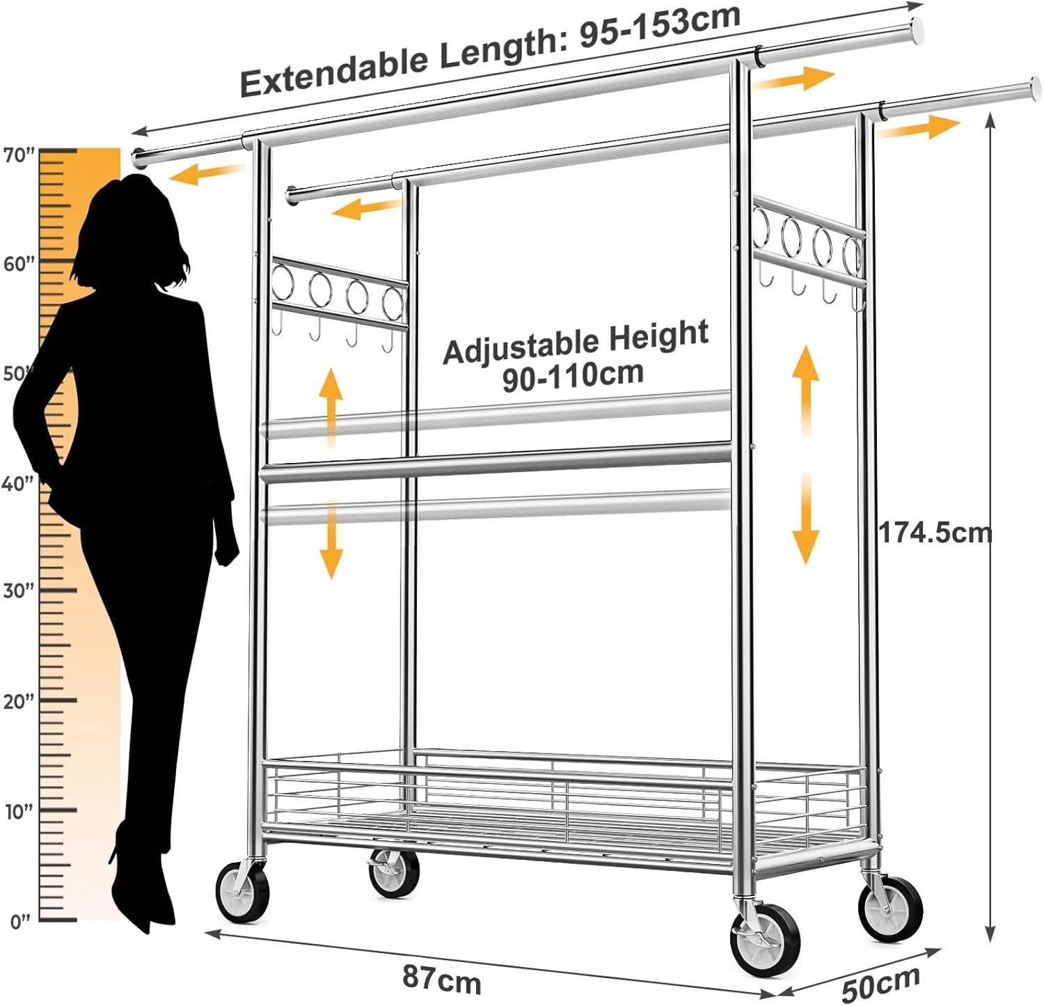 Heavy Duty Extendable Clothes Rail with Wheels, Storage Basket & 3 Hanging Rods