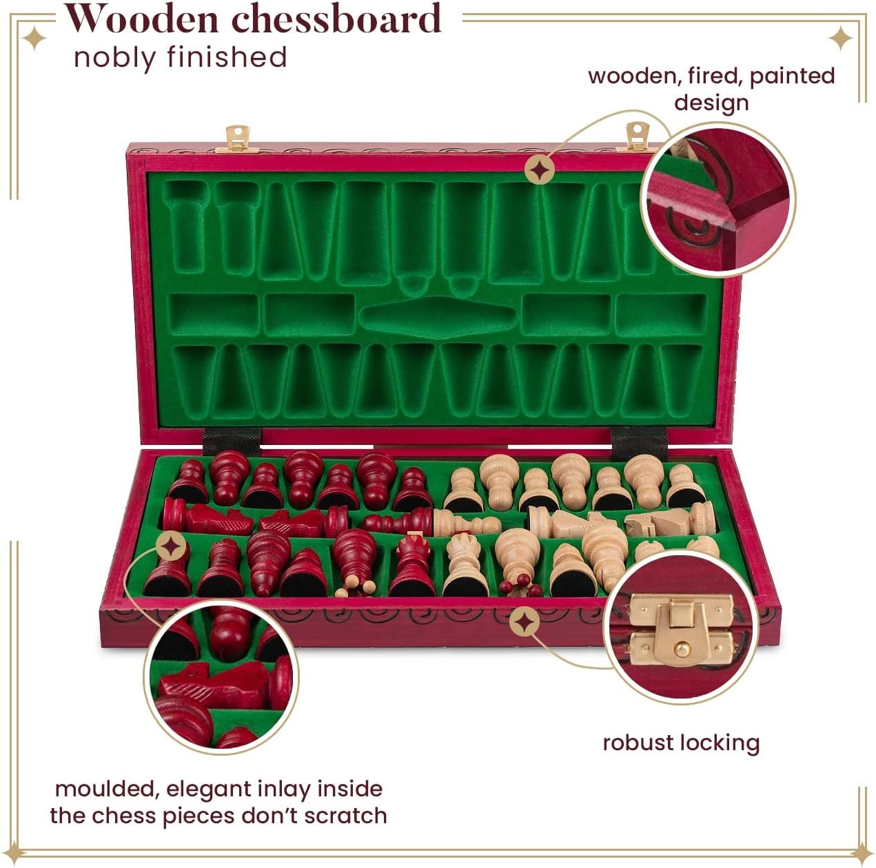 Luxury 42cm Red Wooden Chess Set XL | Handcrafted Board & Carved Pieces | Premiu