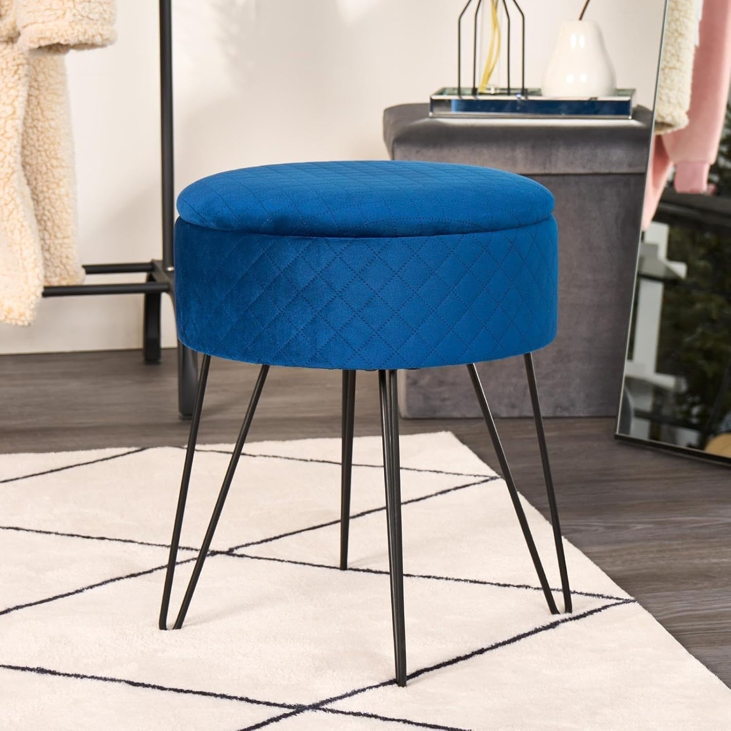 Navy Velvet Storage Stool Round Quilted Footrest Hairpin Leg Vanity Seat