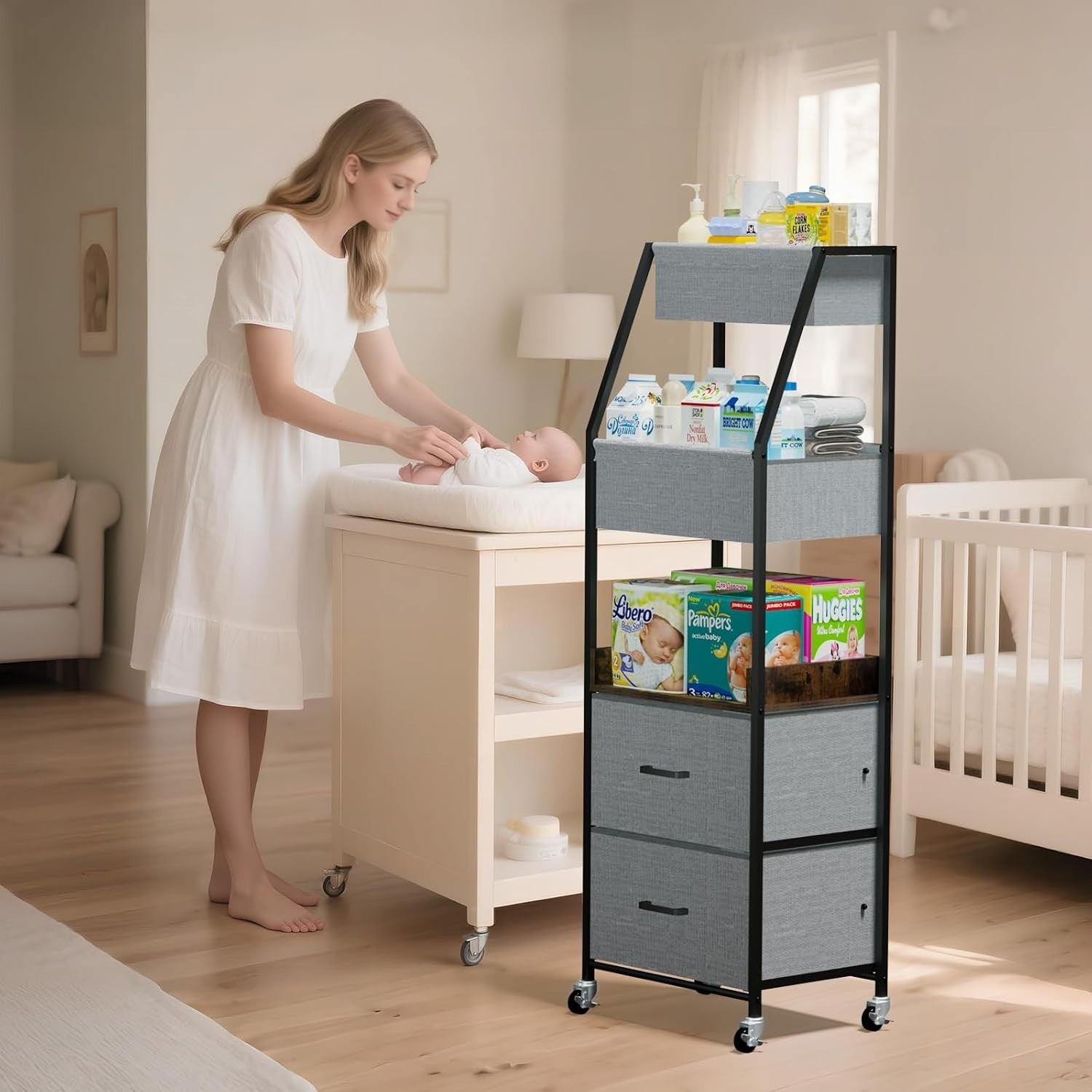 5 Tier Baby Diaper Caddy Organizer Cart Nursery Trolley with Wheels