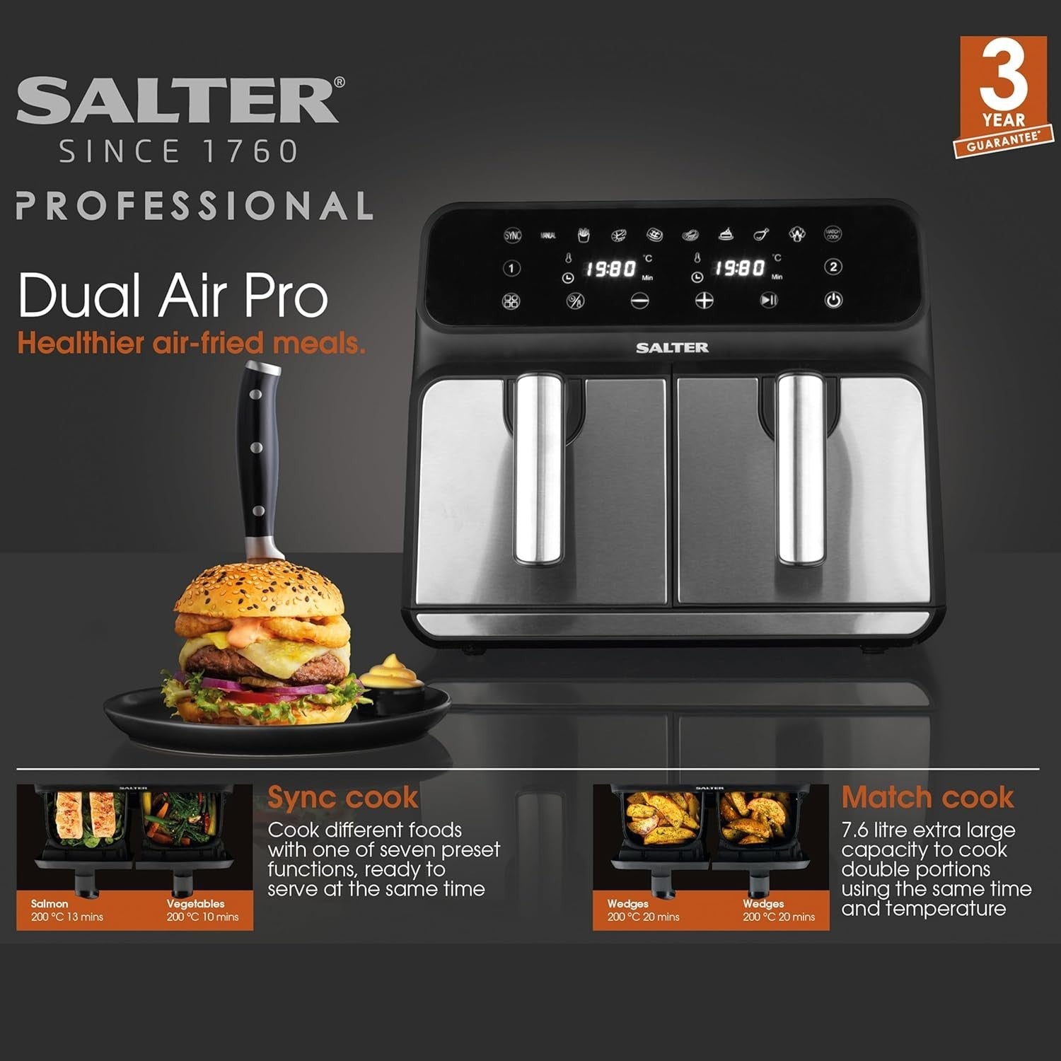 Dual Air Fryer 7.6L | Sync & Match, 10 Functions, LED Touch, Low-Oil, 1700W