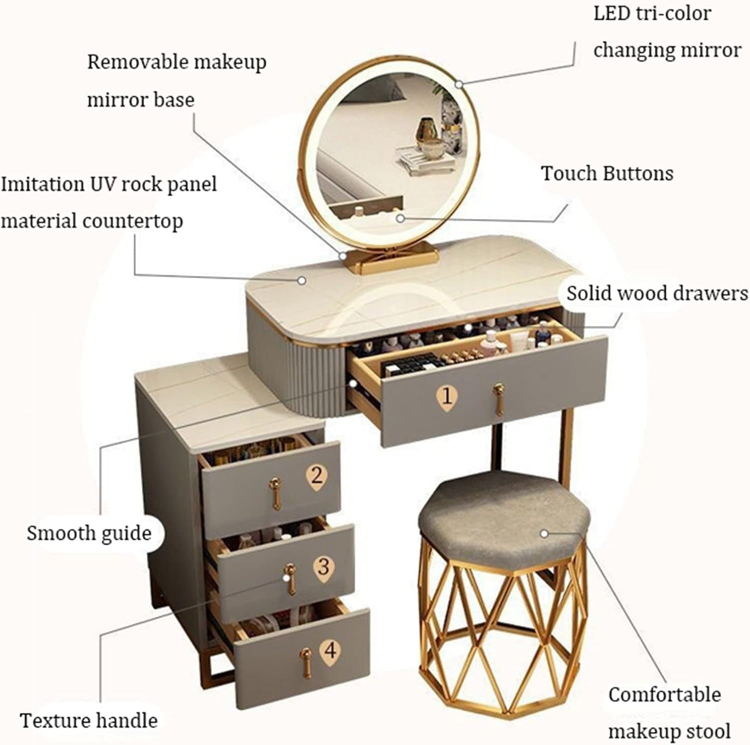 Modern LED Vanity Table Set with Mirror & Stool – Makeup Desk Storage White Grey