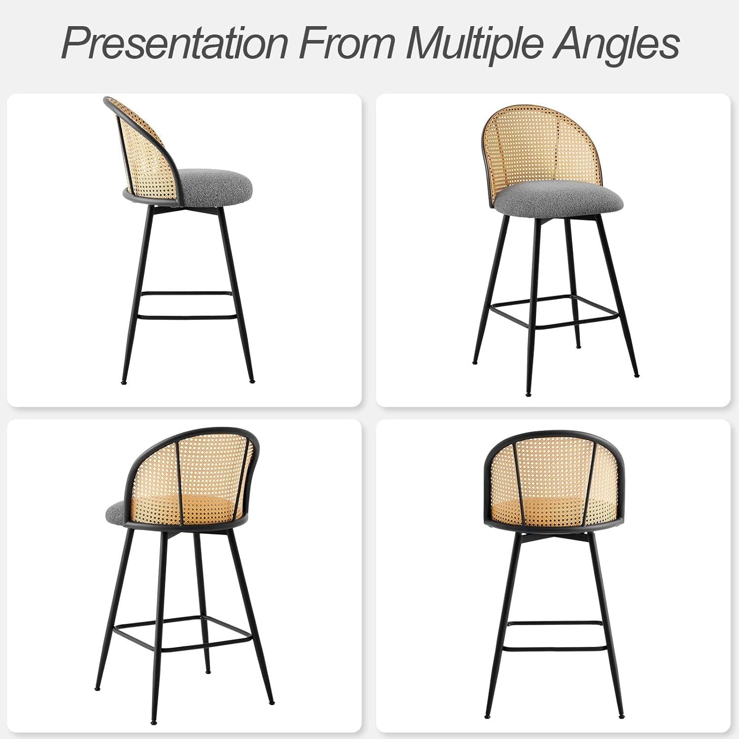Swivel Bar Stools Set of 4 Rattan Back Upholstered Counter Height Kitchen Seats