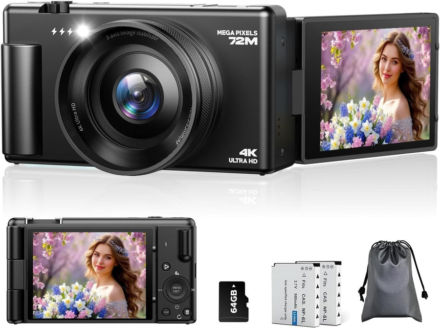4K 72MP Vlogging Camera Flip Screen Zoom Travel Camera 64GB