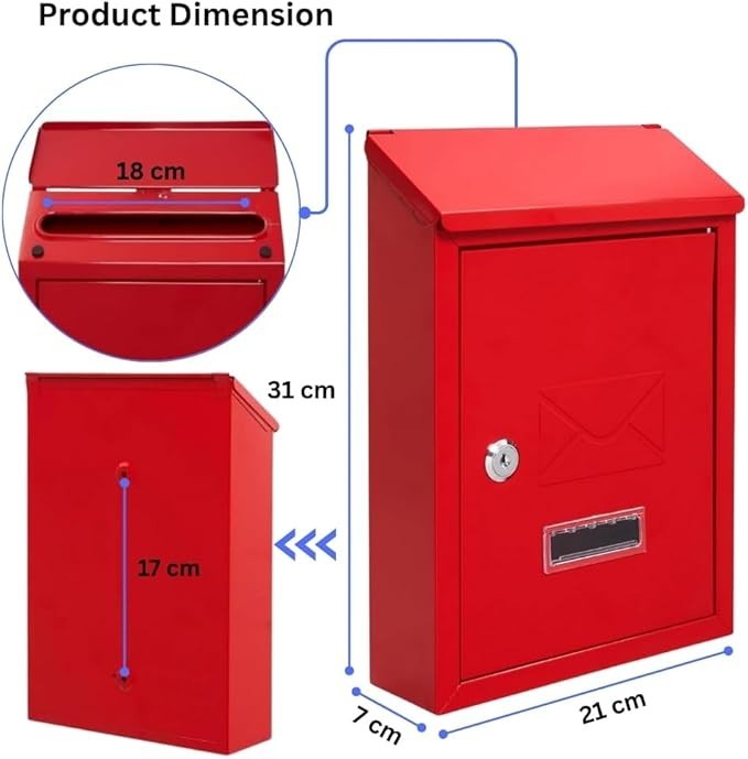Lockable Wall Mounted Mailbox Red Steel Weatherproof Post Box Easy Install