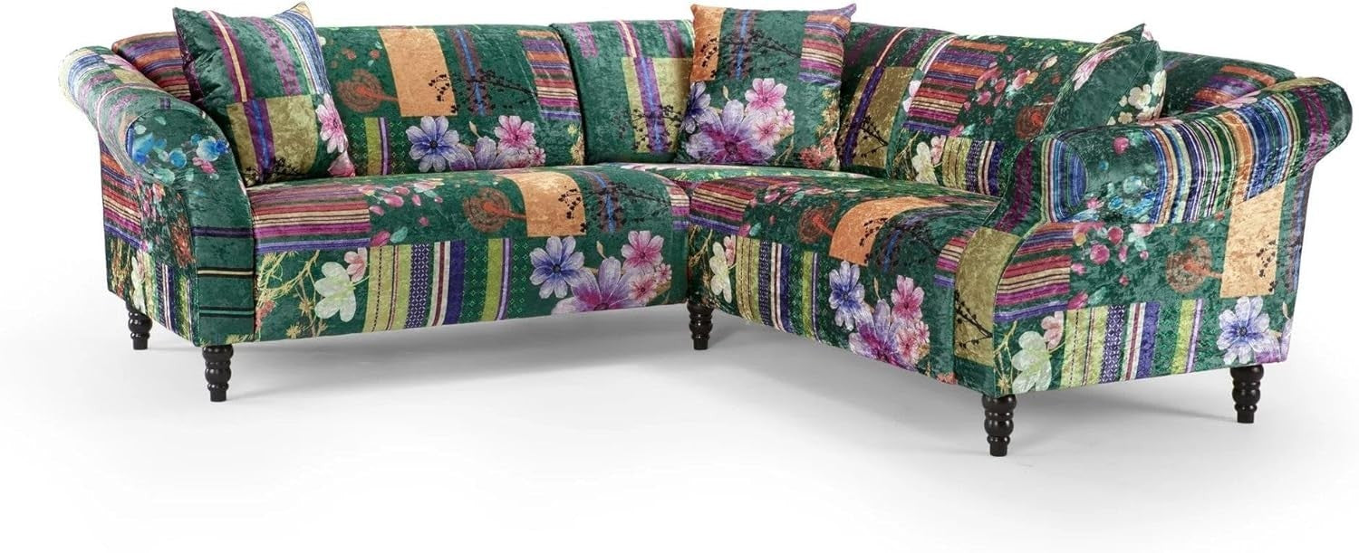 Vibrant Patchwork 5-Seater Corner Sofa with Crushed Velvet & Solid Wood Frame
