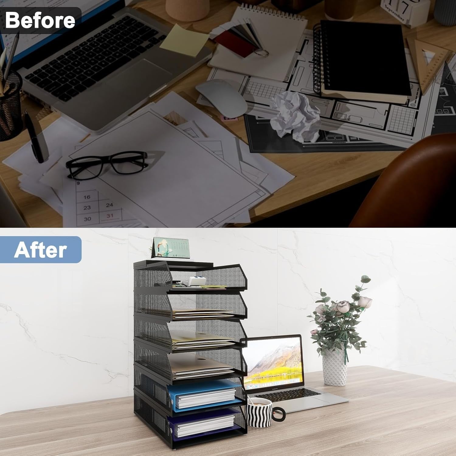 6-Tier Desktop Letter Tray Organizer | Stackable A4 Paper File Holder