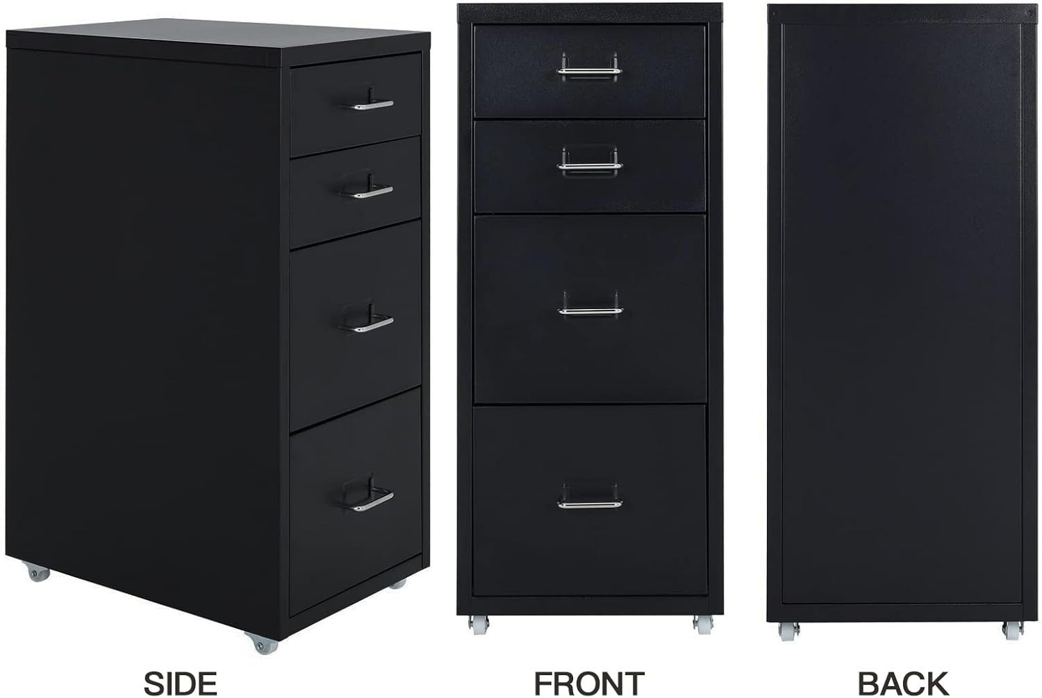 Slim Metal Rolling File Cabinet 4 Drawer Mobile Office Storage Black