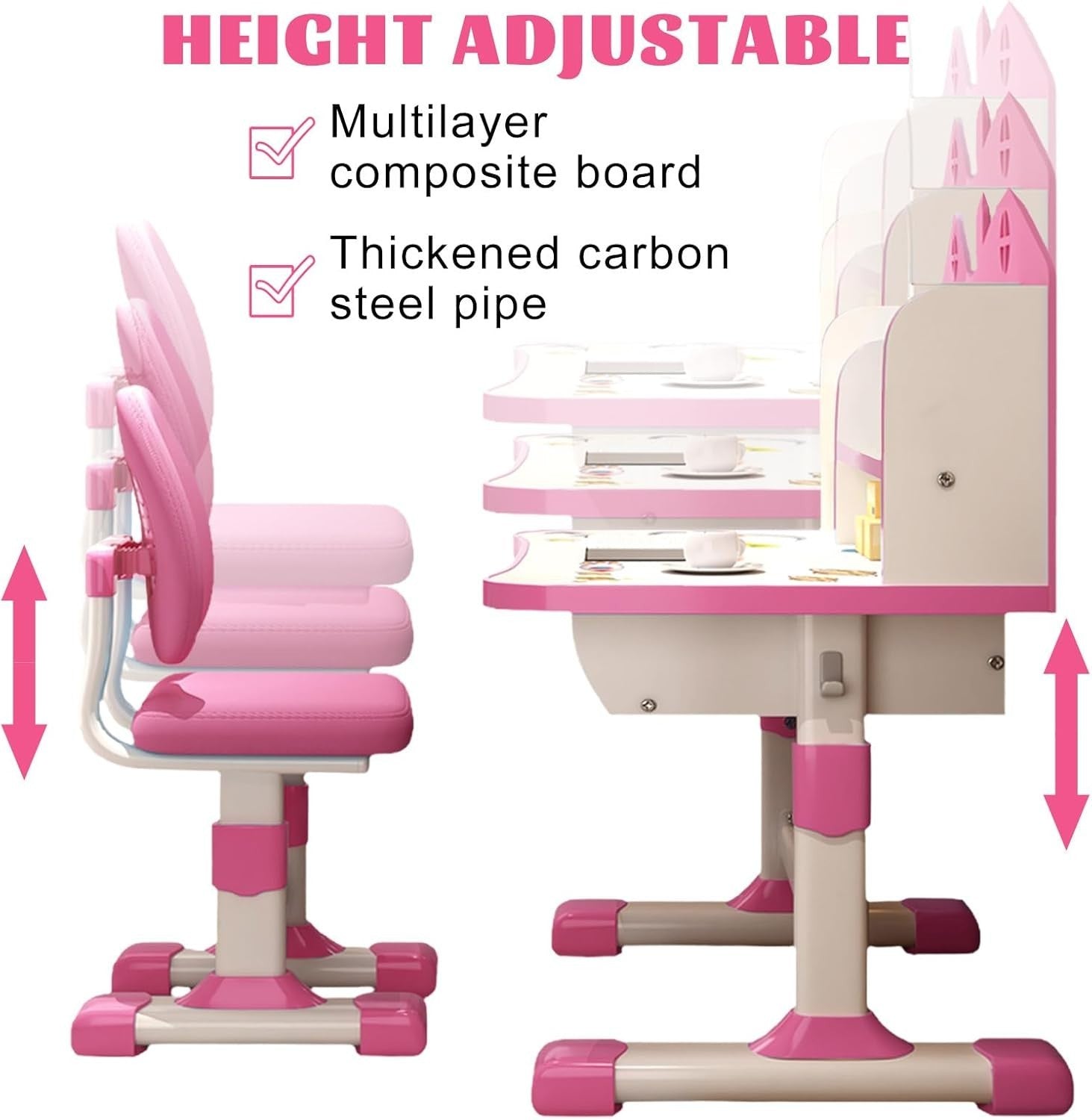 Adjustable Kids Desk & Chair Set with Drawer, Castle Backboard, Ergonomic Pink