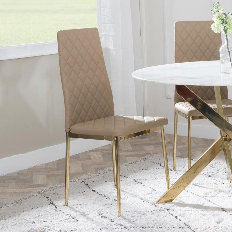 Round Glass Dining Table Set with 4 Leather Chairs & Gold Metal Legs
