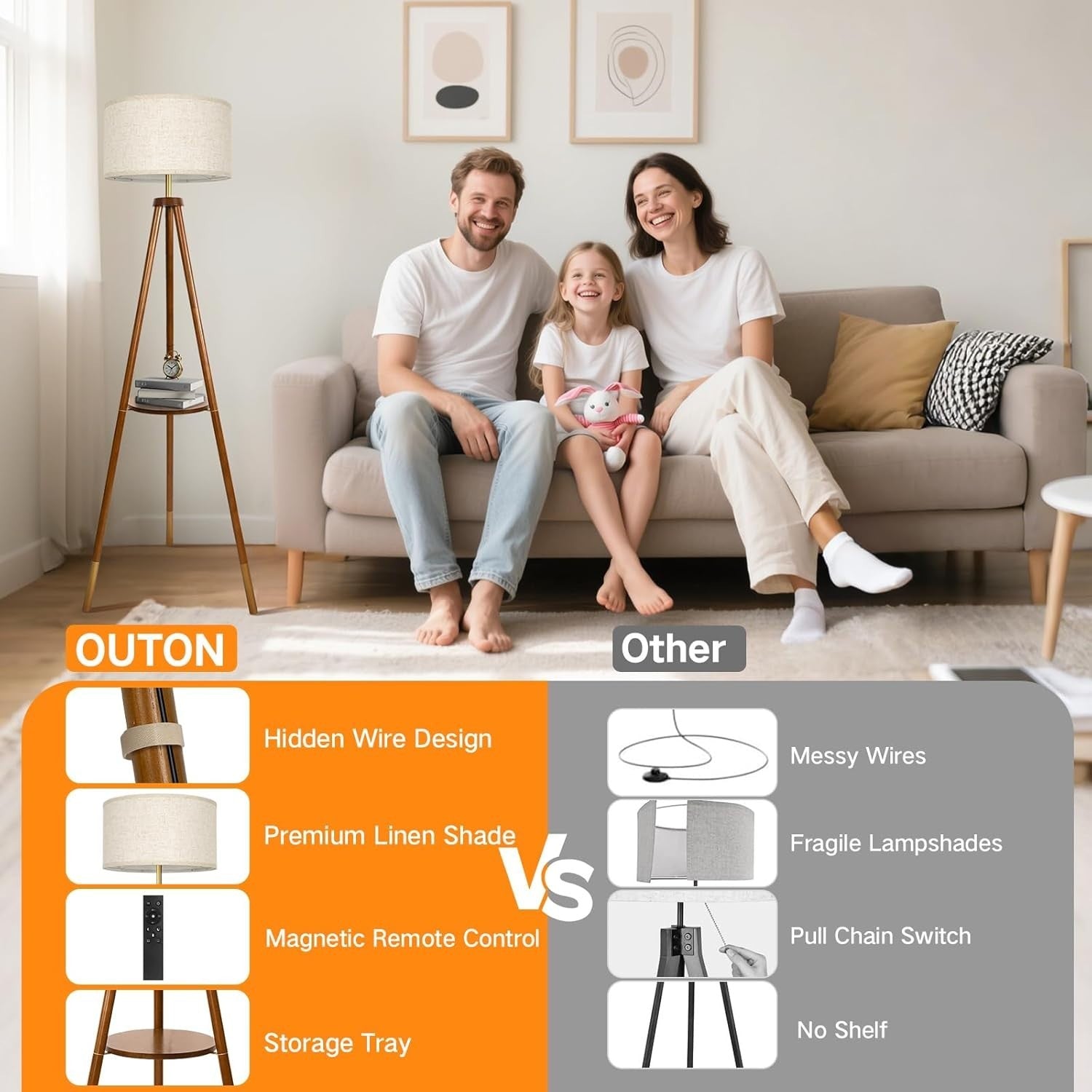 Dimmable Wooden Tripod Floor Lamp with Remote & Storage Shelf