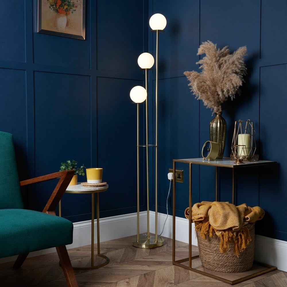 Modern 3-Light Floor Lamp Satin Brass with White Glass Shades 162cm Tall