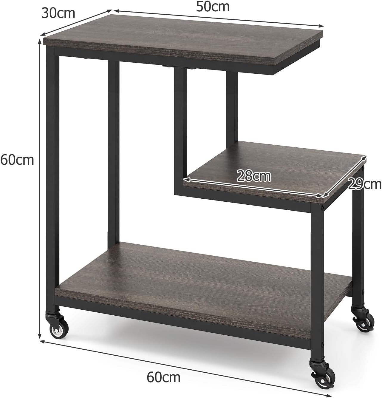 G-Shaped 3-Tier Sofa Side Table with Wheels | Grey Black End Table Storage