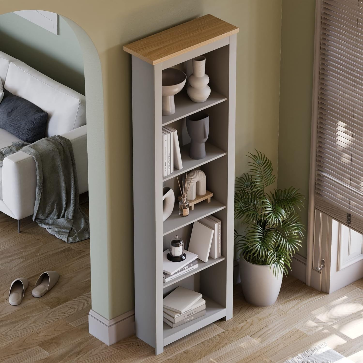 5 Tier Grey Oak Ladder Bookcase – Tall Modern Display Storage Shelf Unit 175cm