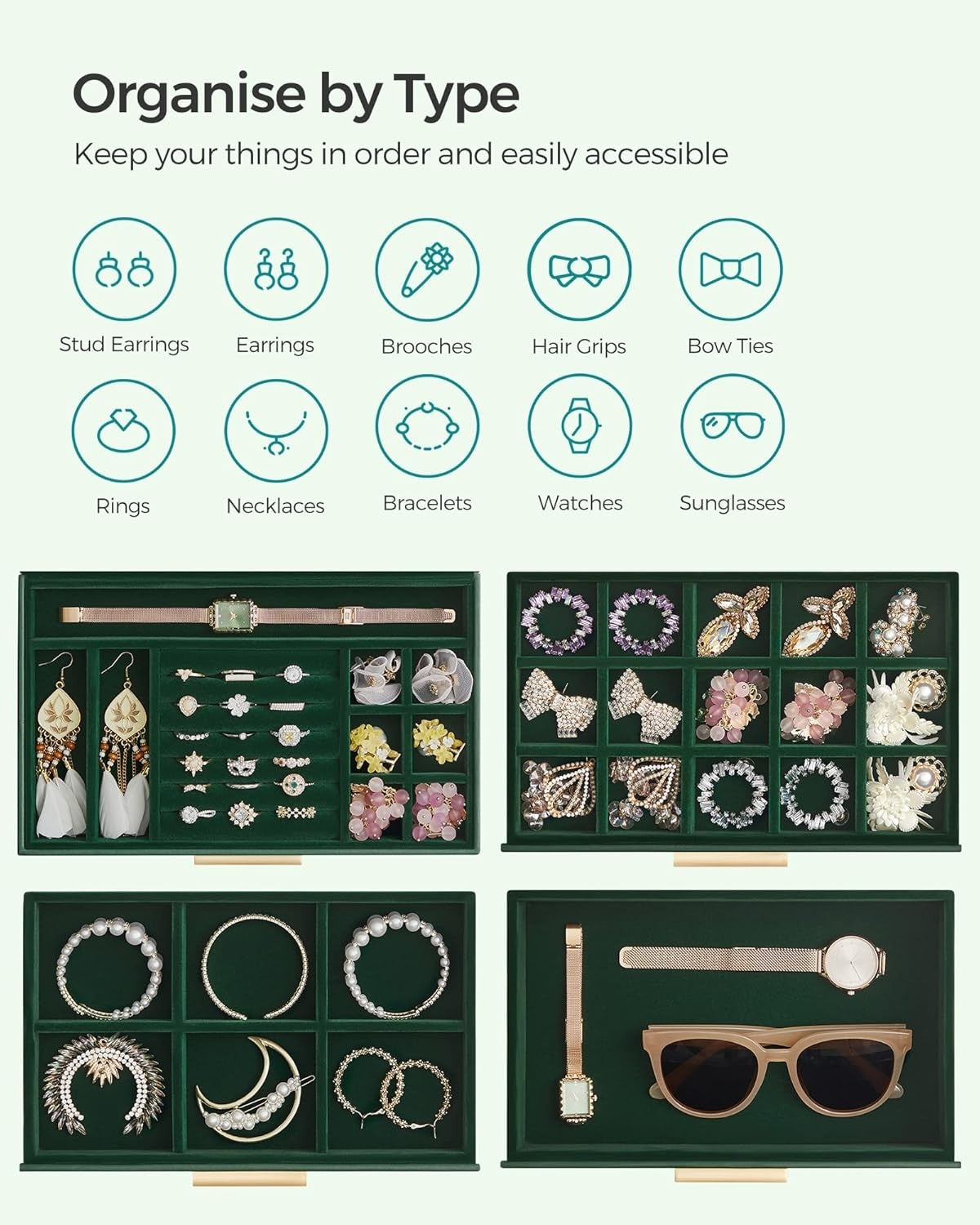 Forest Green Gold Jewellery Box Glass Lid 4 Layer Organizer with Drawers