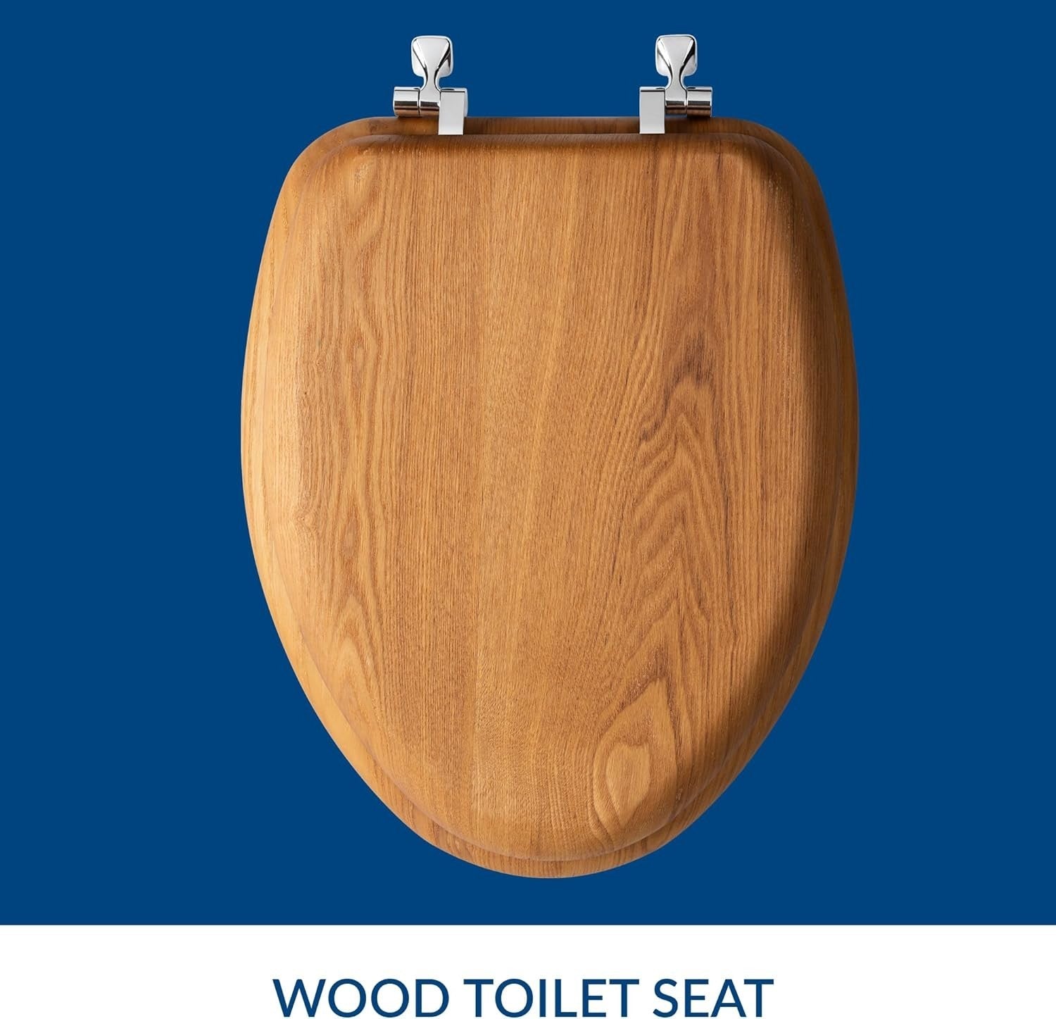 Elongated Toilet Seat Natural Oak Wood Soft Durable Chrome Hinges