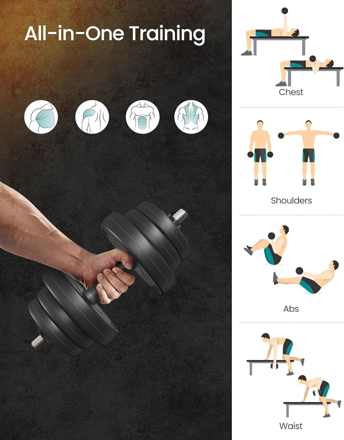 Adjustable Dumbbells Set 30kg Plastic Coated Home Gym Strength Weights