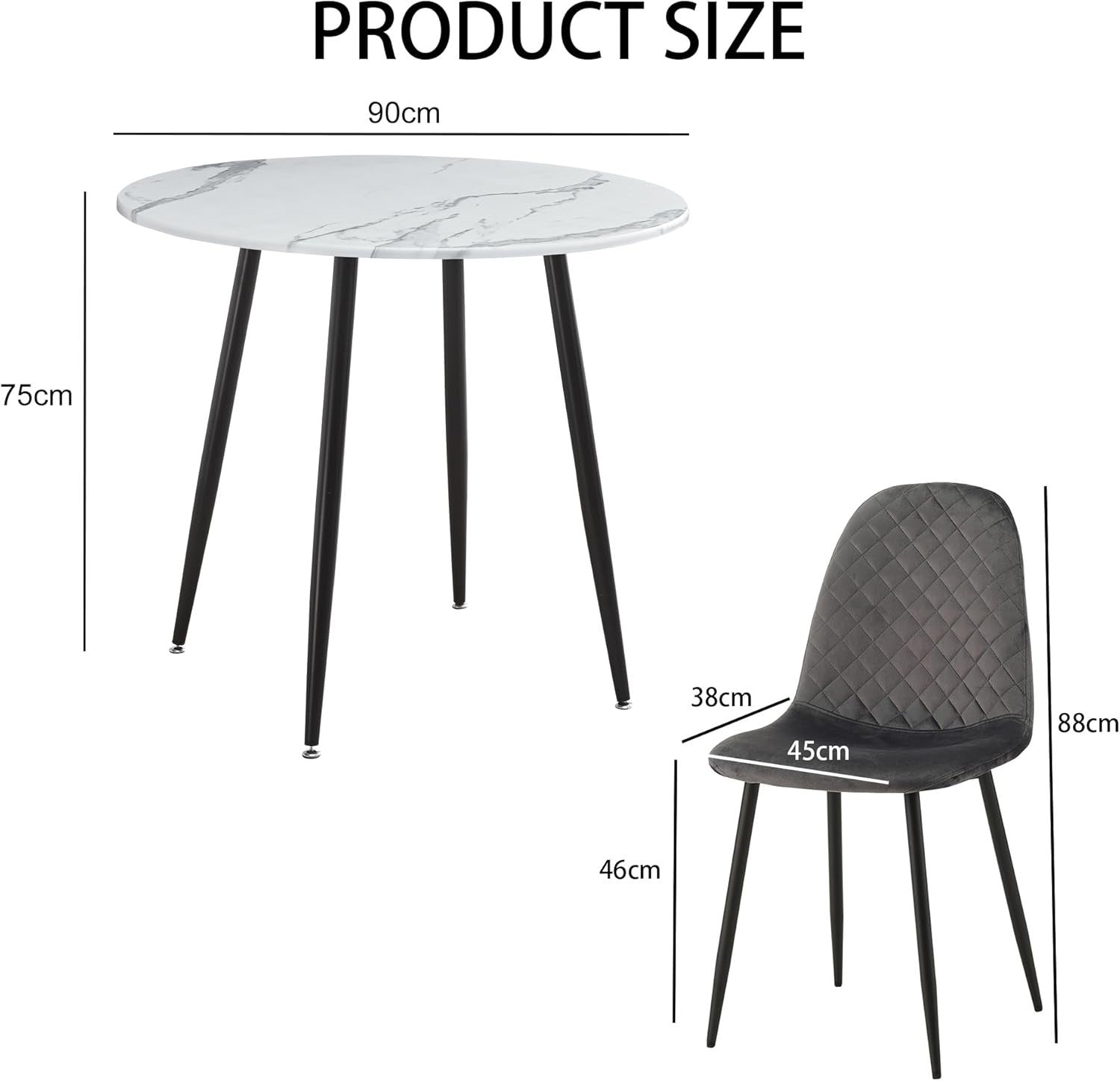 Grey Velvet Dining Chairs Round Marble Table Set 90cm 3pc Modern Kitchen