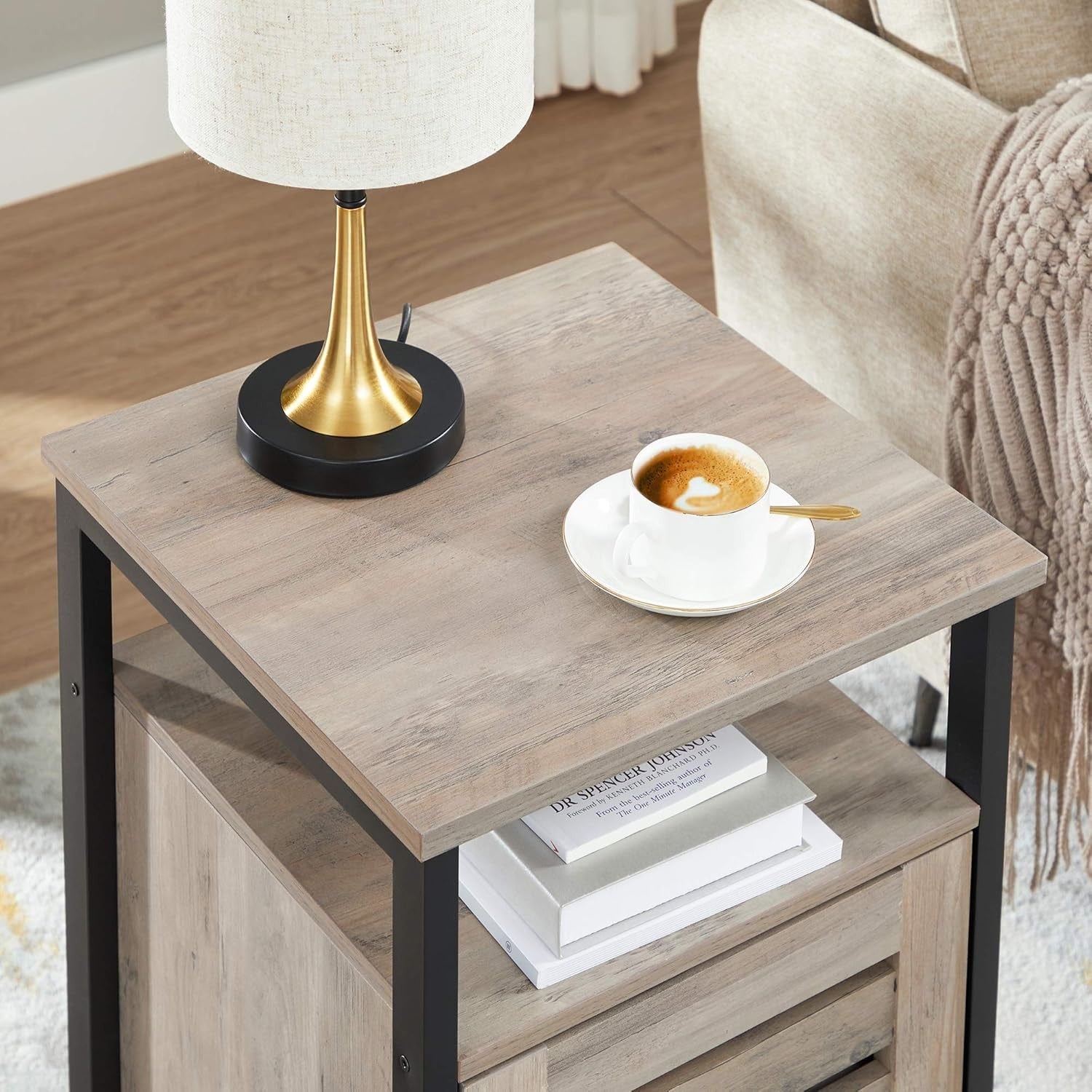 Greige Industrial Bedside Table with Adjustable Shelf & Slatted Drawer