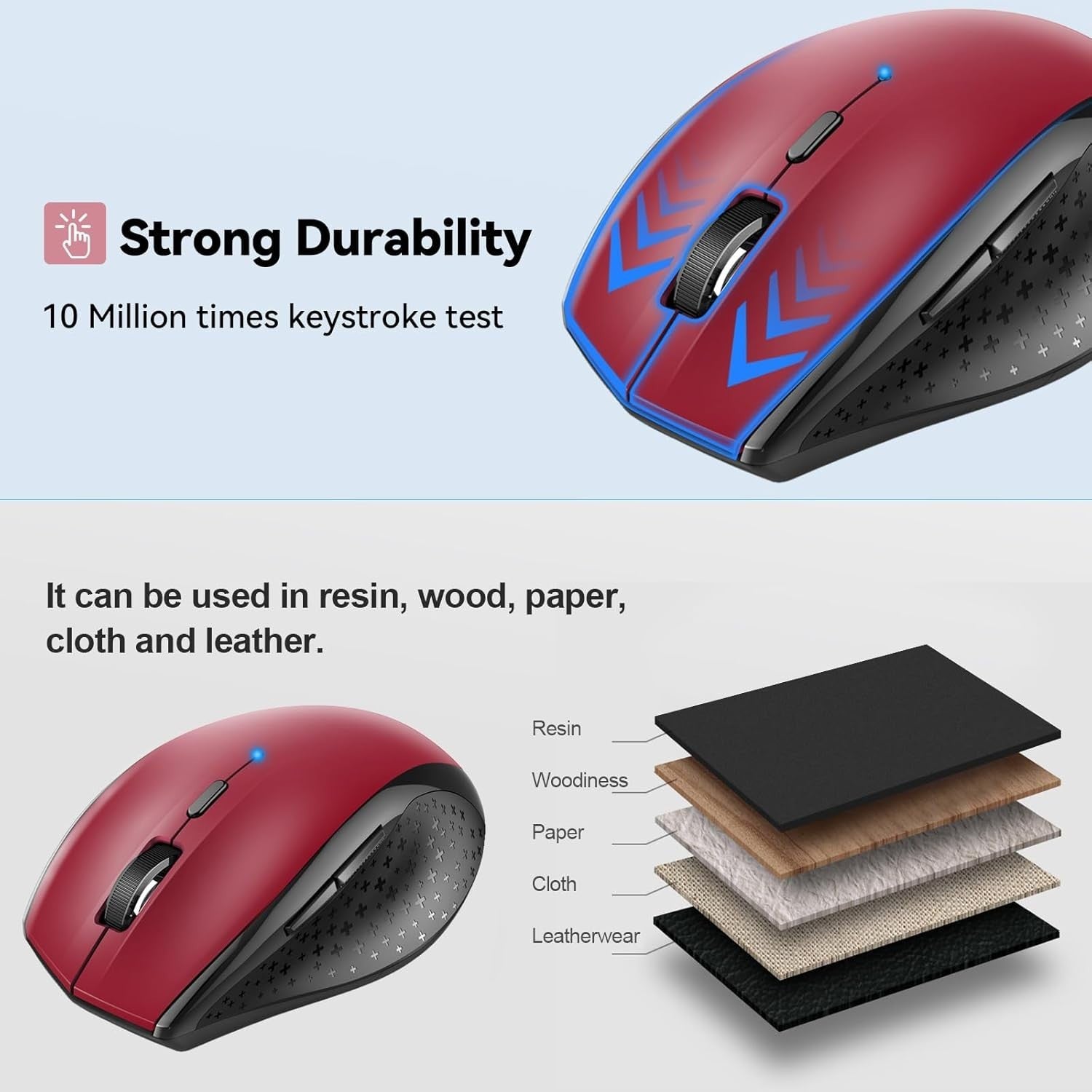 Wireless Bluetooth Mouse 4800DPI Ergonomic Silent Click Long Battery Red