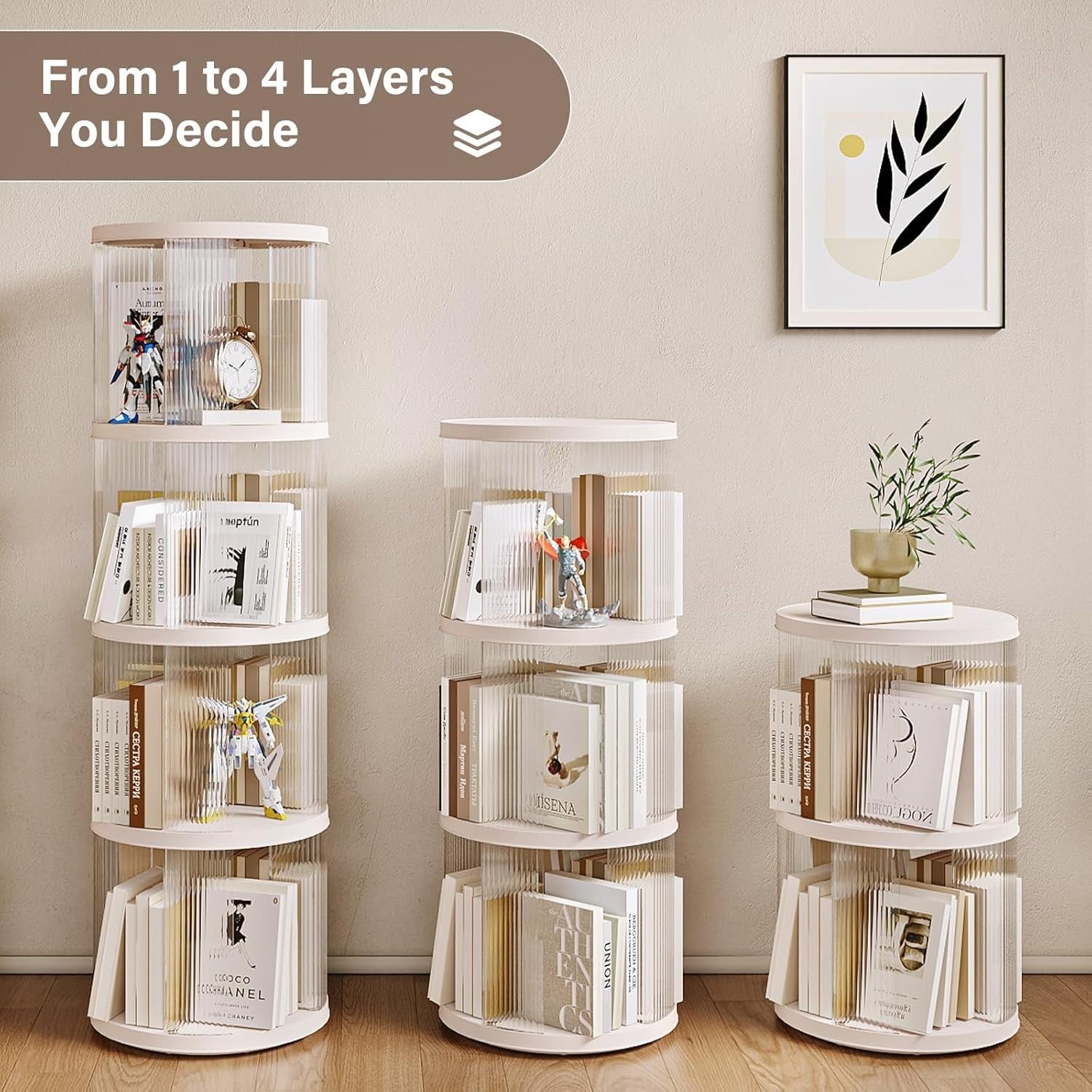 360° Rotating  Round Plastic Corner Bookshelf 4-Tier Floor Standing Shelf White