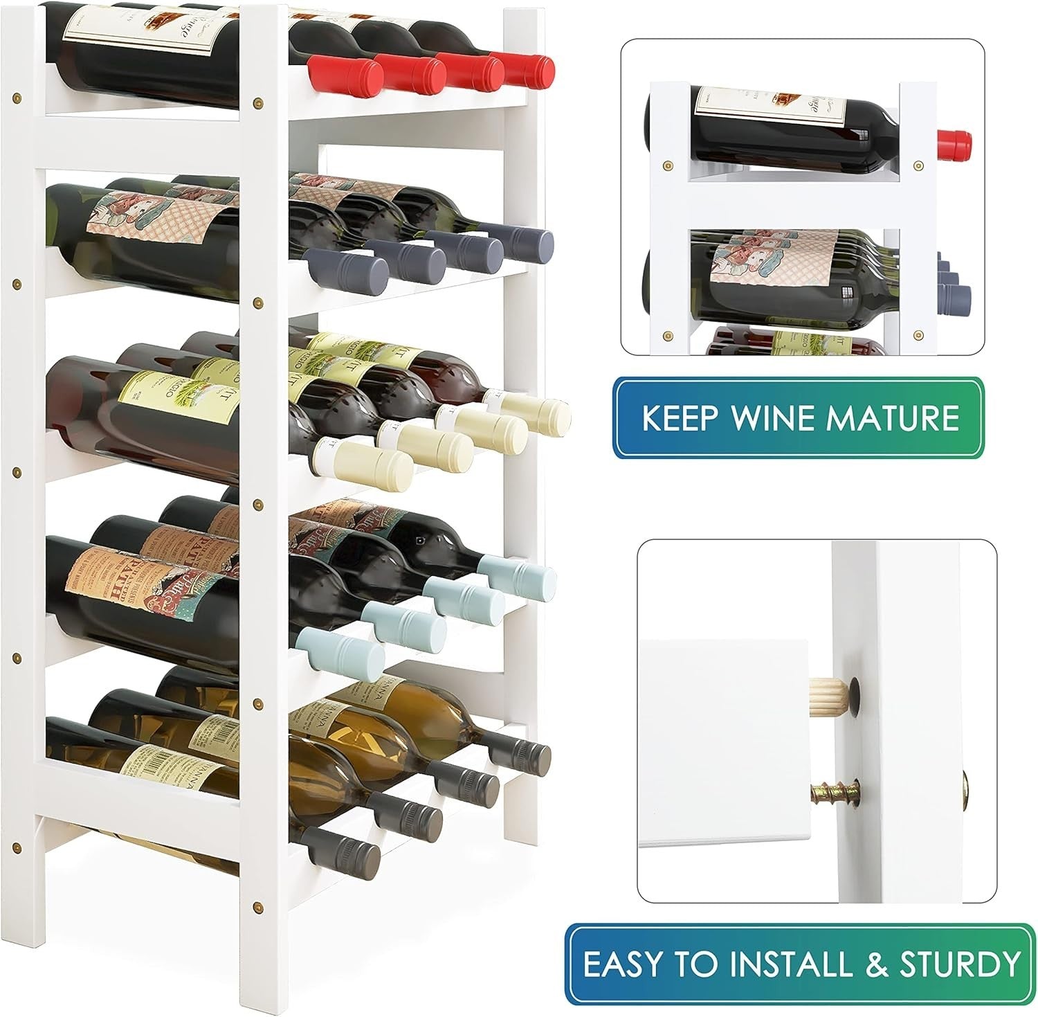 5 Tier Wooden Wine Rack 20 Bottle Storage Stand Free Standing Modern White Shelf