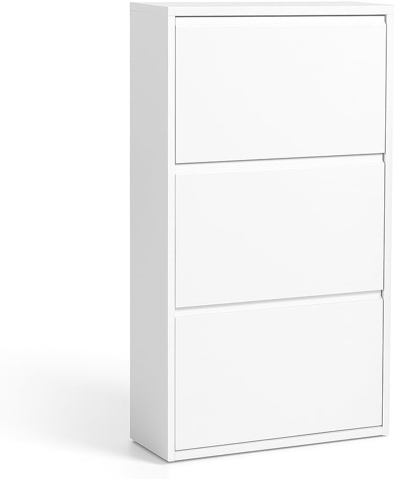 Slim 3-Tier Metal Shoe Cabinet – White Modern Storage Unit with Doors