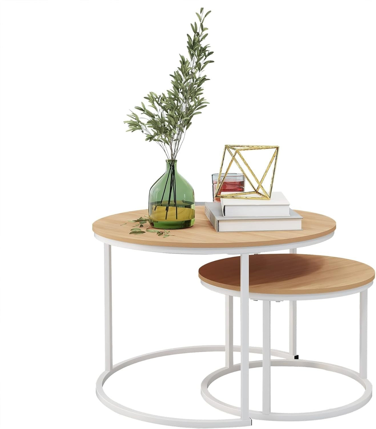 Set of 2 Round Coffee Table End Side Tables Stackable Storage Easy Assembly