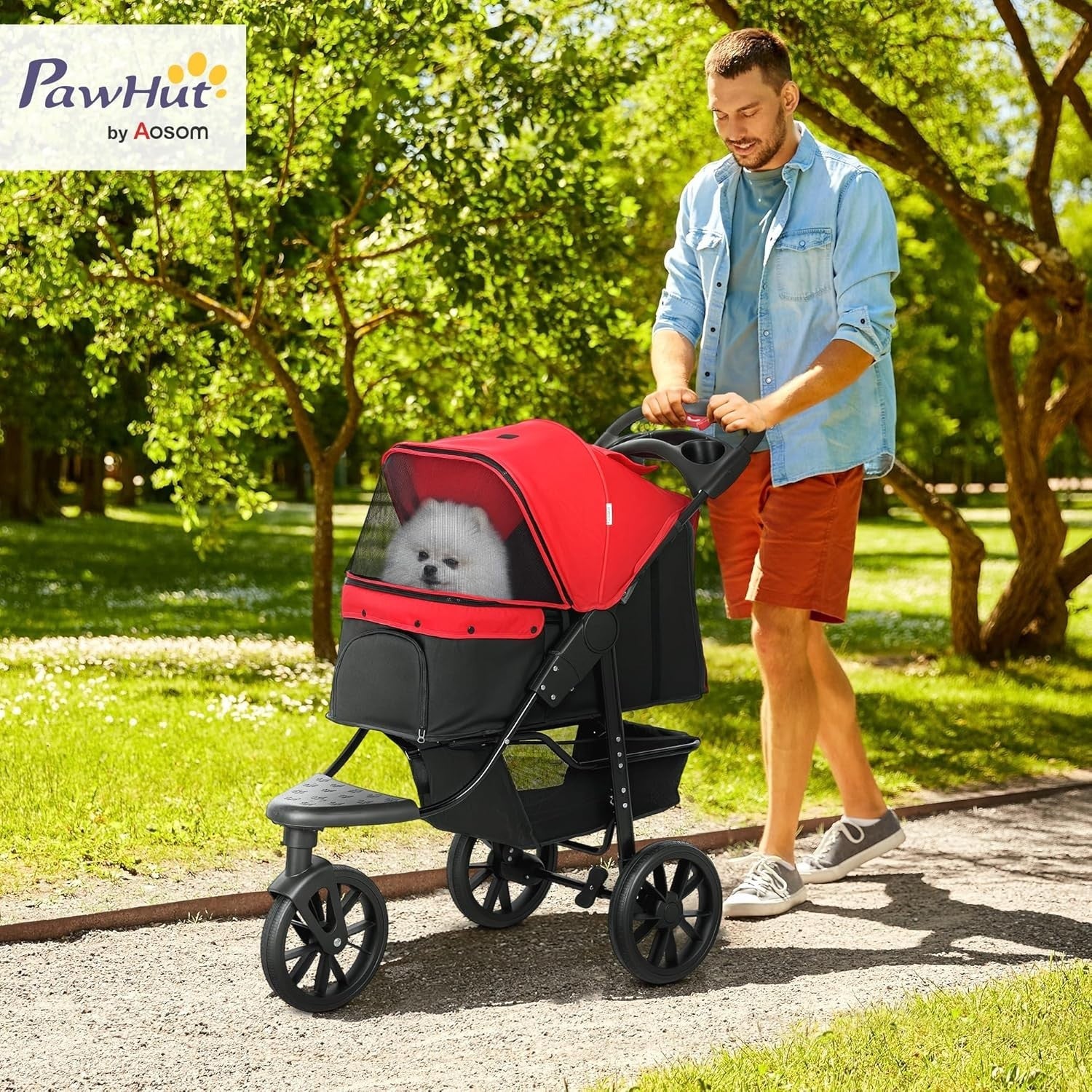 Foldable 3-Wheel Dog Stroller Red Pet Pram Small Dogs Cats Jogging Pushchair