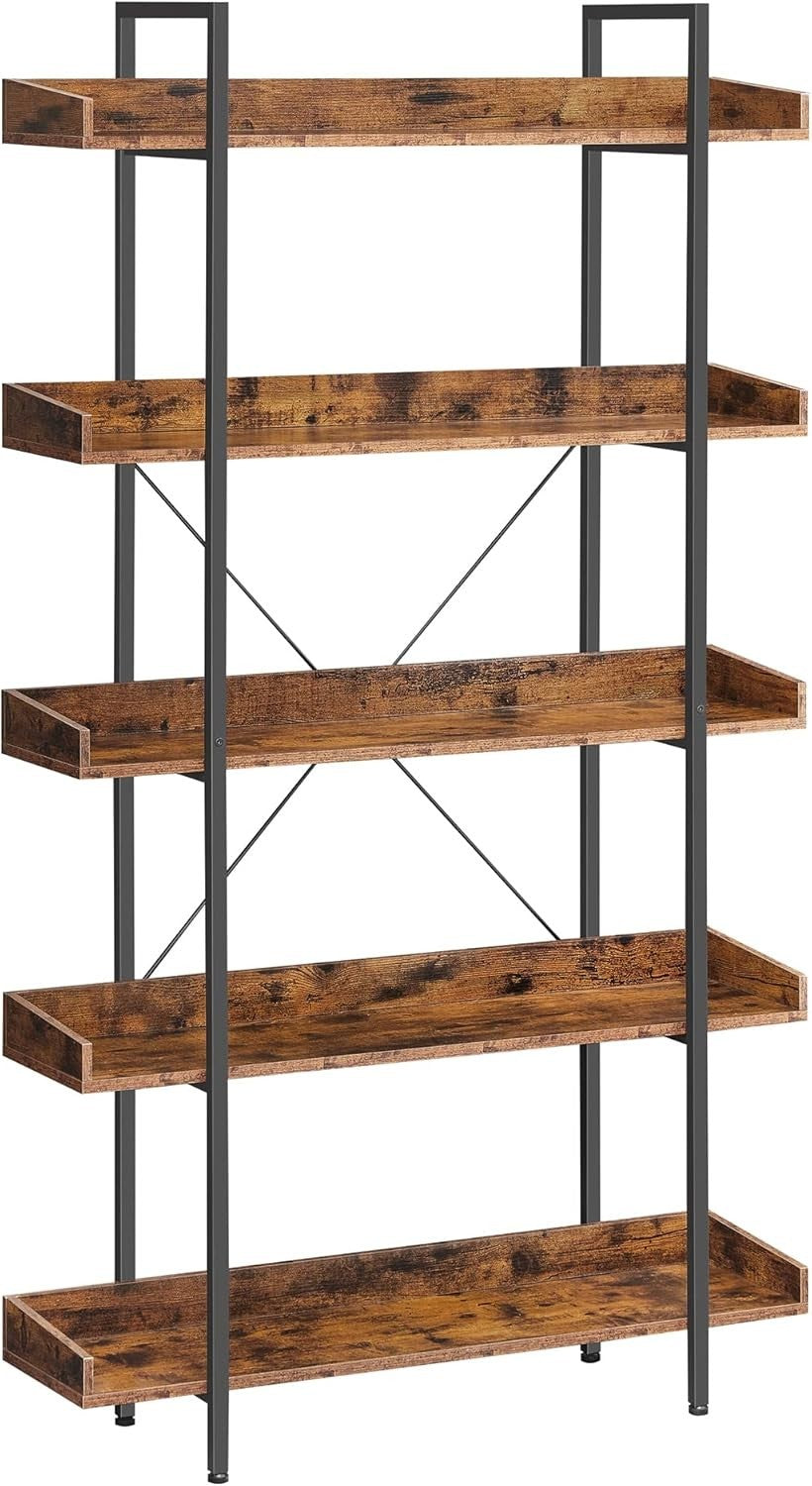 5-Tier Industrial Bookcase Shelving Unit with Tray Shelves, Rustic Brown & Black