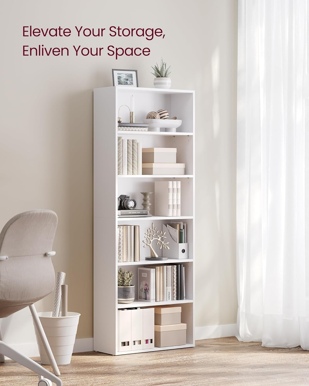 6 Tier Wooden Bookcase Tall Storage Display Book Shelf for Living Room White